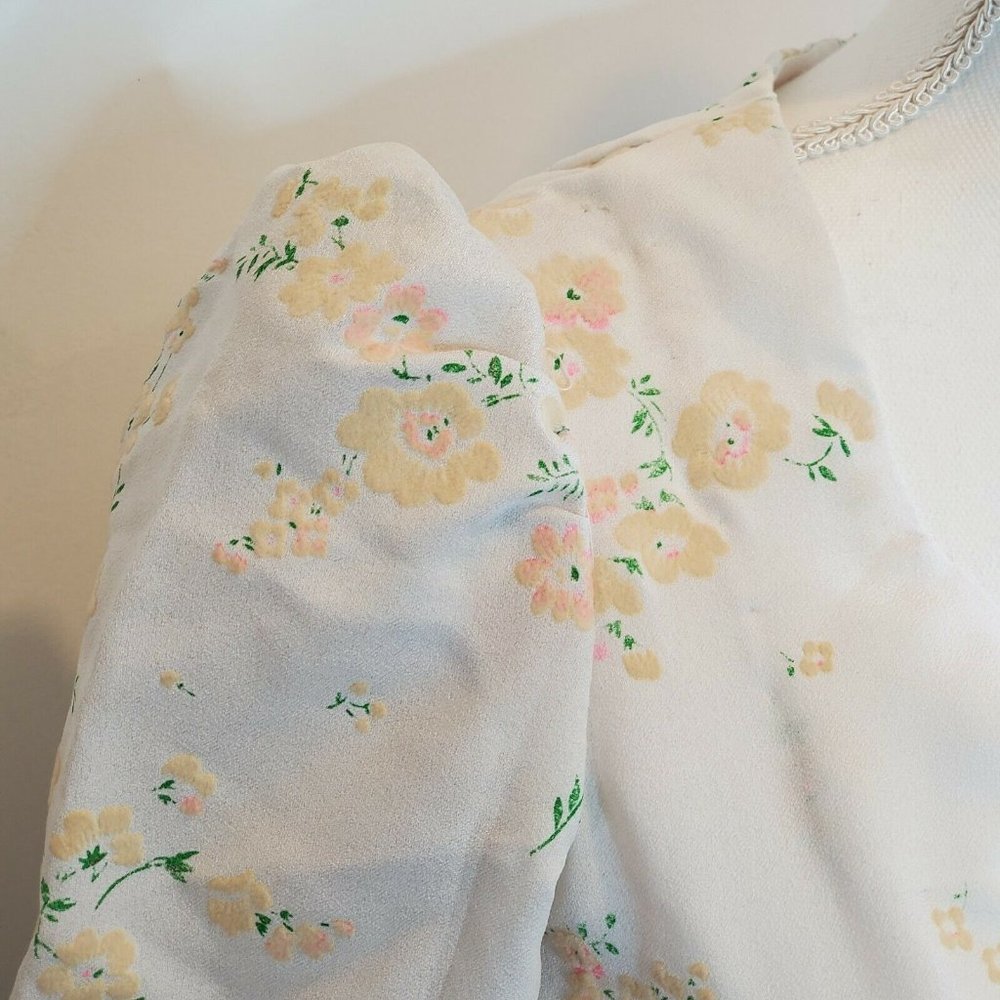 Vintage 70s Flocked Floral Maxi Prairie Dress White Peach Flowers Sz 0 XXS - Picture 8 of 13
